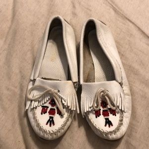 White Minnetonka Moccassin loafers beaded details